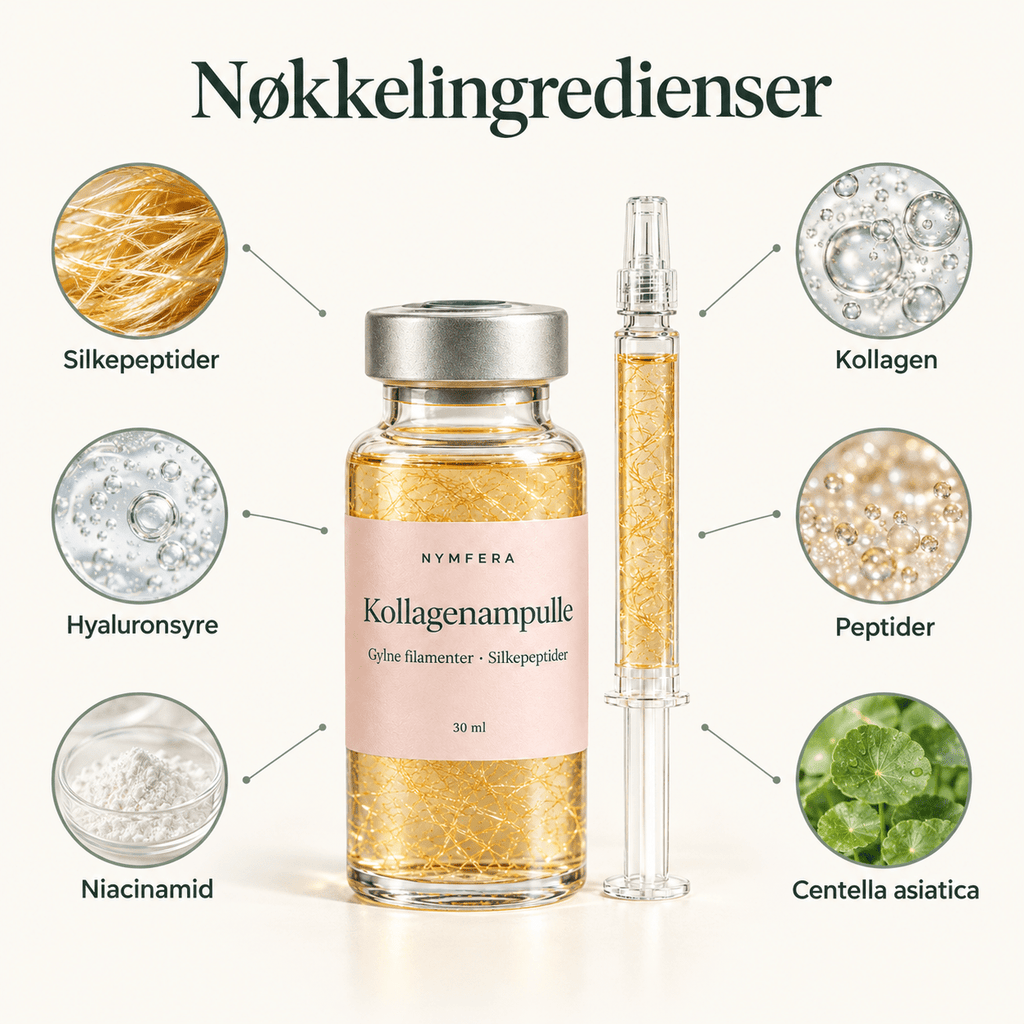 Nøkkelingredienser: silkepeptider, kollagen, hyaluronsyre, peptider, niacinamid, centella asiatica
